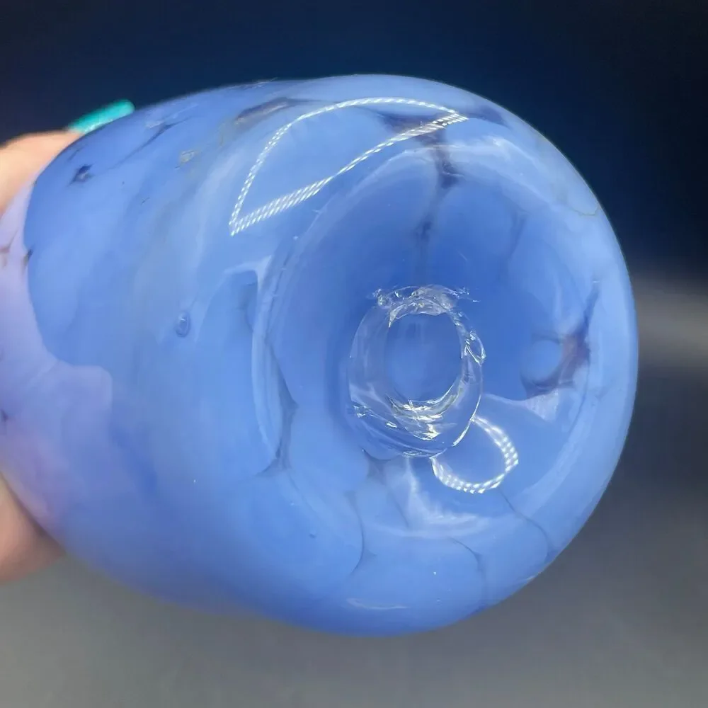 Vintage Blue Mottled Art Glass Tumbler Vase Set Hand Blown Rough Pontil Mark MCM